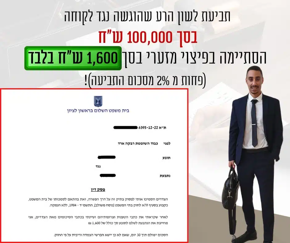 תביעה ע״ס 100,000 ₪ הסתיימה ב-1,600 ₪ בלבד